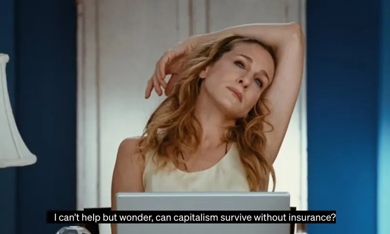 A woman in a sleeveless top leans back with one arm over her head, sitting at a laptop. The caption reads: "I can't help but wonder, can capitalism survive without insurance?.