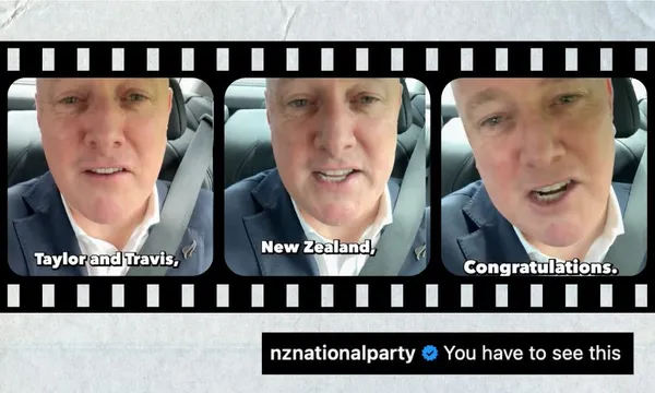 Screenshots from Christopher Luxon's video asking Taylor Swift and Travis Kelce to get married in NZ.