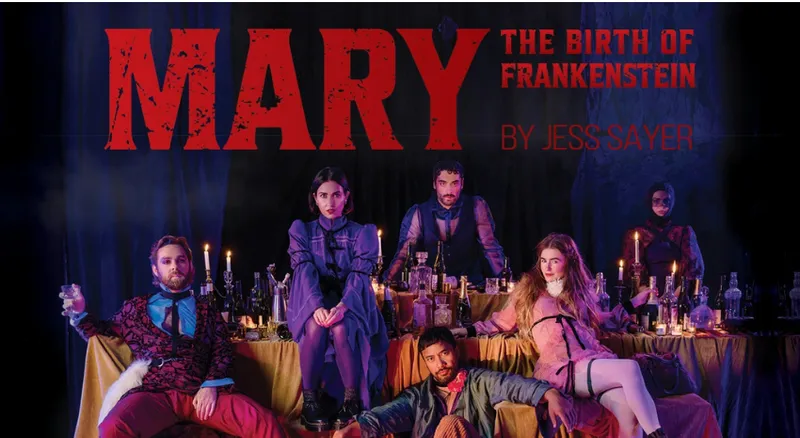 A promotional image for a theatre show about Mary Shelley: showing actors in gothic costume in dark stage set with red gothic lettering.