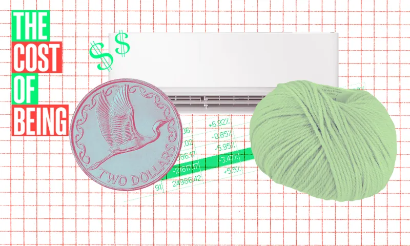A graphic with the text "THE COST OF BEING" on the left, a $2 coin, an air conditioner, green dollar signs, and a green ball of yarn on a red grid background with financial figures.