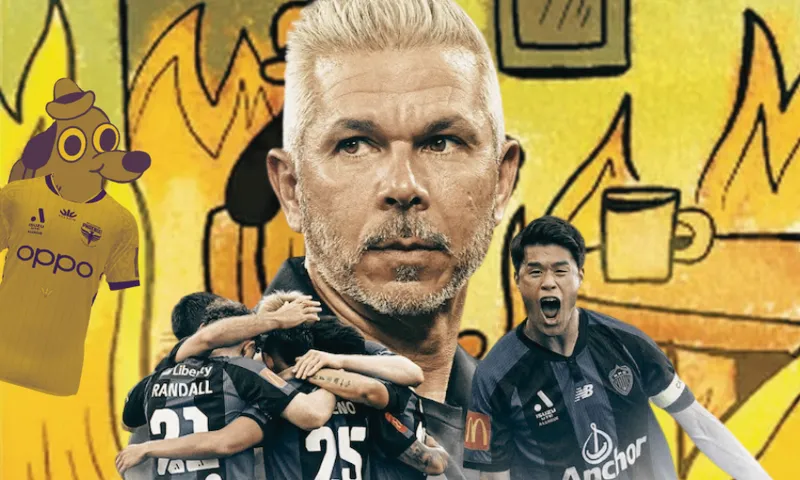 A serious man is surrounded by soccer players celebrating, with a cartoon dog in a yellow jersey and a flaming background from the "This Is Fine" meme. The scene blends sports action and chaotic cartoon imagery.
