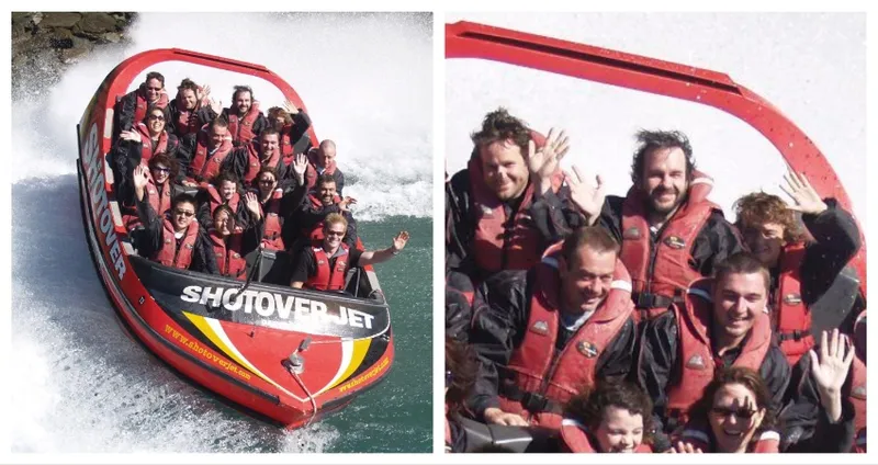 A two panel image with a wide shot of Peter Jackson's shotover on the left, and a close up of him waving on the right. He looks nervous.