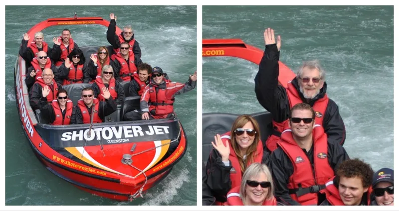 A two panel image with a wide shot of Ian McKellen's shotover on the left, and a close up of him waving on the right. He is very composed