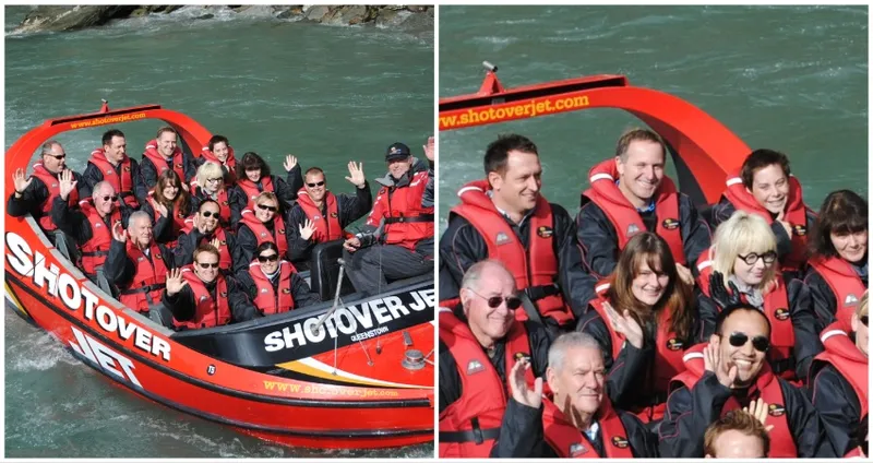 A group of people wearing life jackets wave and smile while riding a bright red Shotover Jet boat on a river, captured from two different angles.