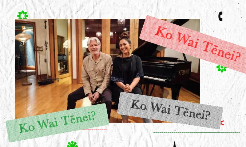 Two people sit and smile in a recording studio with a grand piano in the background. Colourful text boxes on the image read "Ko Wai Tēnei?" in red, green, and grey.