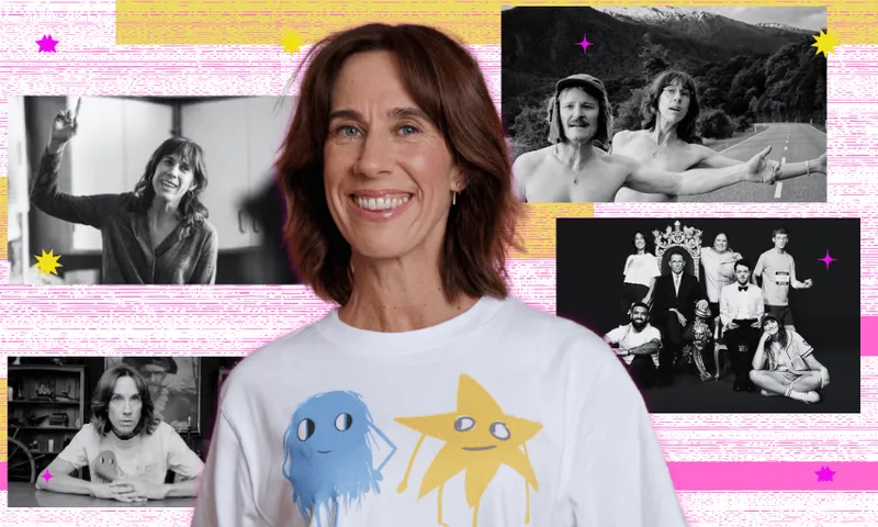 A collage of photos featuring Jackie van Beek , with a central headshot of van Beek smiling at the camera