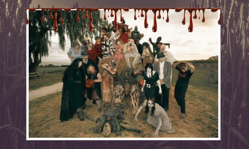A group of people dressed as creepy characters and monsters pose outdoors around a large pile of bones and props, with fake blood dripping from the top of the image. The scene is spooky and theatrical.