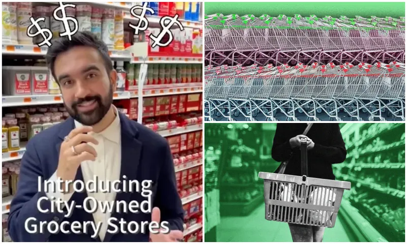 A collage with a man in a grocery store aisle, grocery carts stacked together, and a person holding a shopping basket. Text reads, "Introducing City-Owned Grocery Stores." Dollar signs are above the man's head.