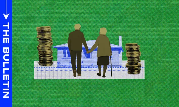 Two older adults holding hands stand in front of a house, flanked by large stacks of coins on both sides, with a green textured background and "The Bulletin" in white text on a blue sidebar.