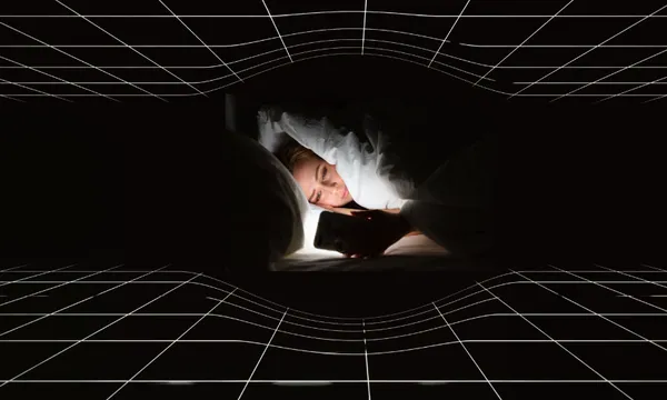 a person on their phone in bed in the dark, surrounded by a time warp effect