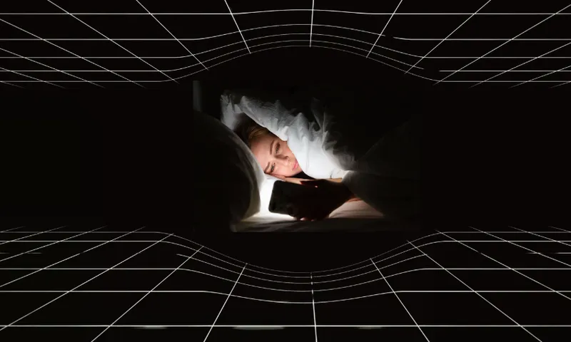 a person on their phone in bed in the dark, surrounded by a time warp effect
