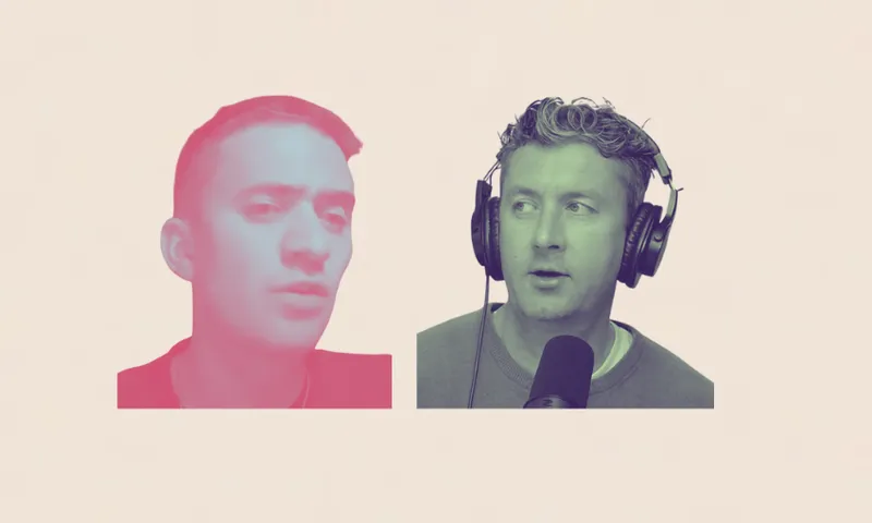 Two men are shown in colored overlays; the one on the left is tinted pink and looking slightly to the side, while the one on the right is tinted green, wearing headphones, and speaking into a microphone.