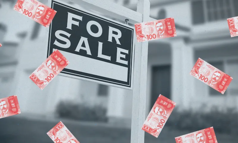A "For Sale" sign stands in front of a blurred house, with multiple red Canadian $100 bills floating in the air.