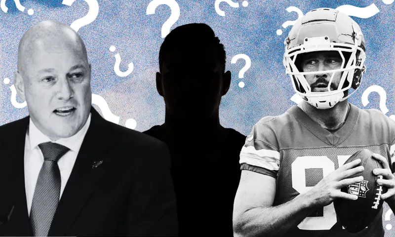 Prime Minister Christopher Luxon and Travis Kelce standing with a silhouette between them, and question marks in the background.