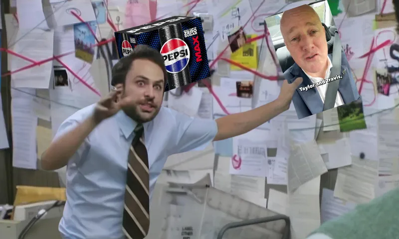 A crazed looking man points to a whiteboard covered in evidence connected with red lines, edited to include a Pepsi box and a screenshot of the Prime Minister.