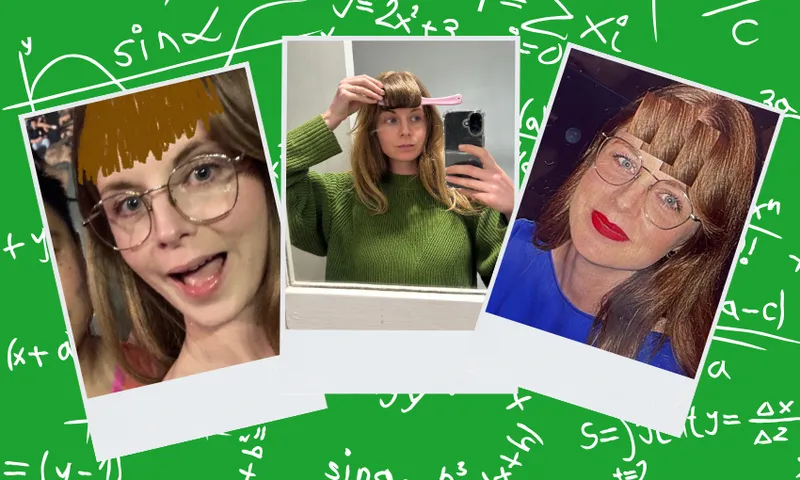 Three polaroids including mock-ups of fringes on photoshop against a green background covered in equations