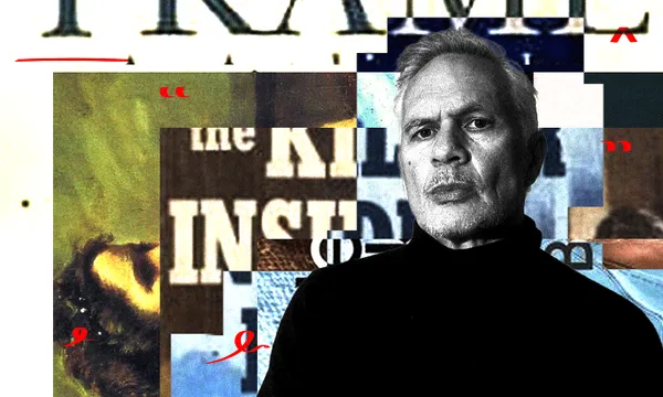 A black and white photograph of musician Shayne Carter showing head and shoulders; with a collage of book covers behind him.