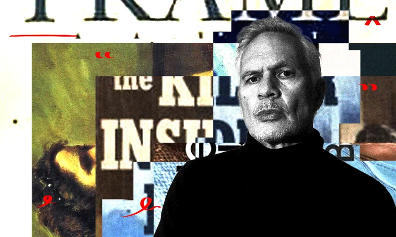A black and white photograph of musician Shayne Carter showing head and shoulders; with a collage of book covers behind him.
