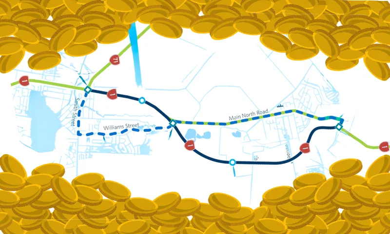 A transit map with a blue route, stops, and street names, bordered by illustrated gold coins at the top and bottom edges of the image.