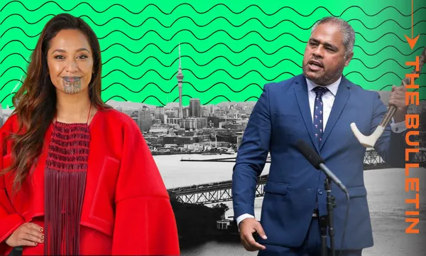 A woman in a red outfit with a chin moko and a man in a suit holding a taiaha stand in front of a black-and-white cityscape with a green wavy pattern above and the text "The Bulletin" on the right.