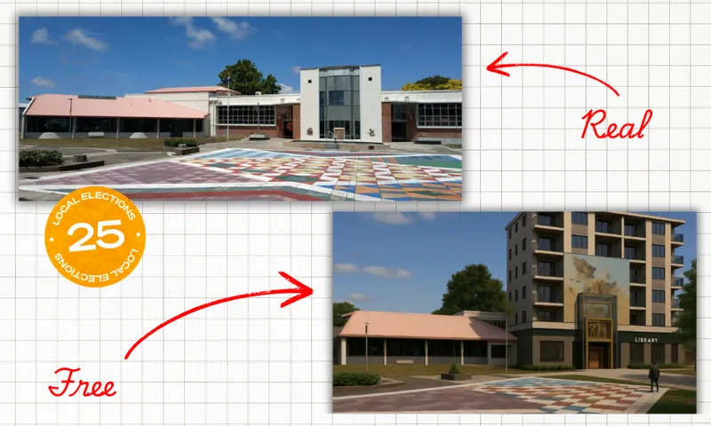 two images of a building, one a real photo showing a courtyard and a white building with glass and a low building alongside. The other showing an AI generated drawing of the same building with apartments rising above it