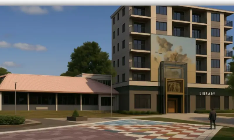 An AI drawing of an apartment building connected to a low-roofed single-storey building