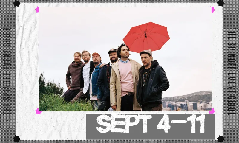 A photograph of the band Phoenix Foundation - they are standing outside in a field and one person is holding a red umbrella.