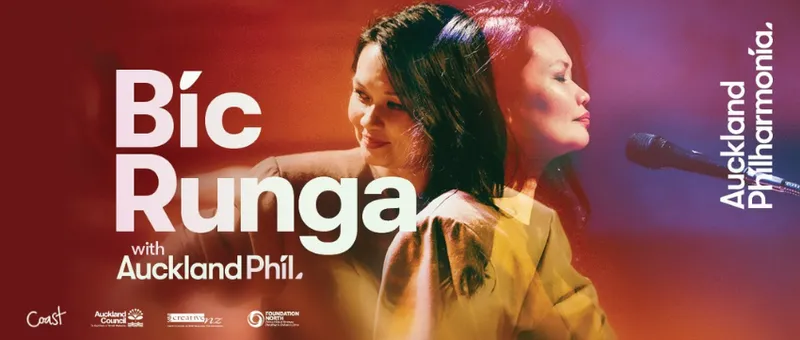 A promotional image for Bic Runga's performance with the Auckland Philharmonic Orchestra showing Runga mirrored, with text overlaid.