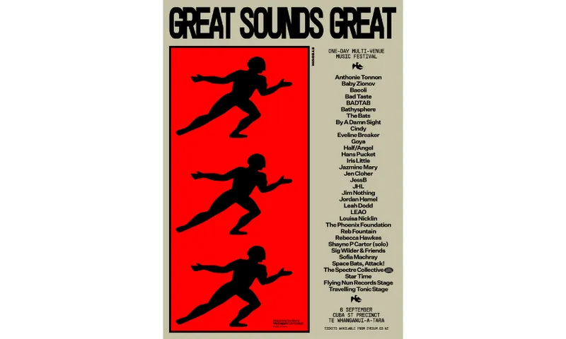 A promotional poster for the Great Sounds Great festival which has a red block with black and white figures on it; and a list of artists beside it.