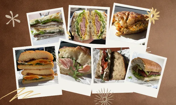 A collage of seven sandwiches on a brown background with decorative flowers and lines, each sandwich filled with various meats, cheeses, vegetables, and greens.