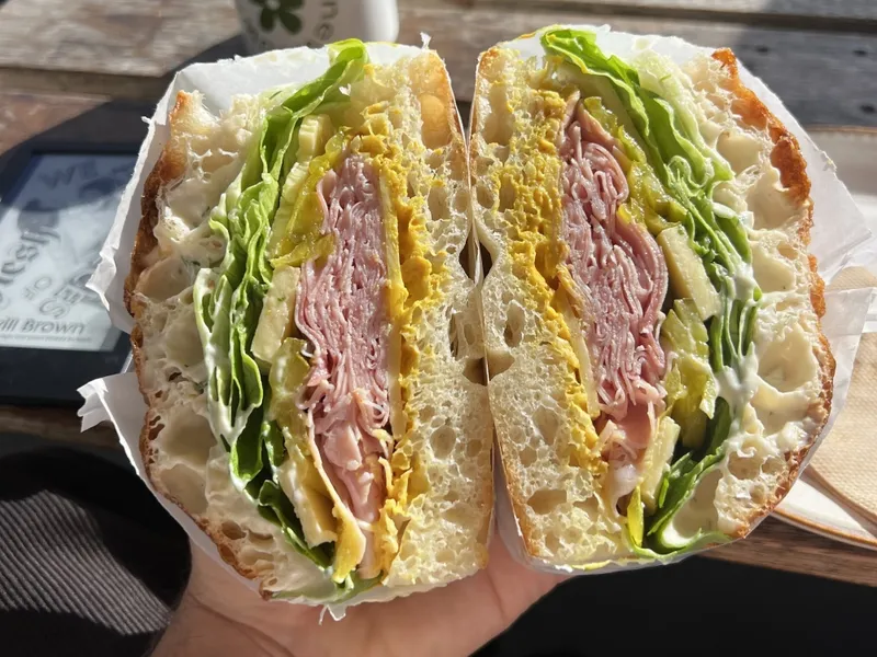 A close-up of a hand holding a sandwich cut in half, showing layers of lettuce, ham, cheese, egg, pickles, mayonnaise, and soft bread. Sunlight highlights the fresh ingredients.