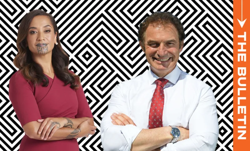 A woman with a tā moko on her chin and a man in a white shirt and red tie stand confidently in front of a black-and-white geometric maze background with "THE BULLETIN" text on the right.