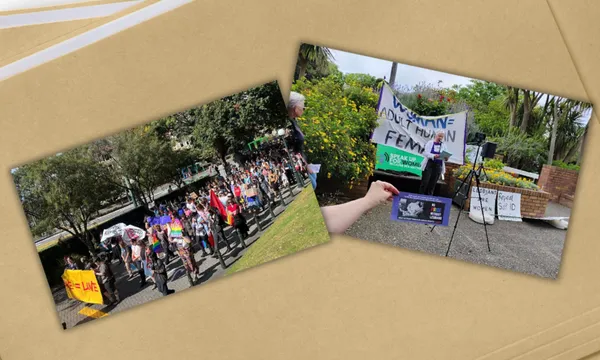 Two photos on a manila folder background. one shows a crowd of protesters walking and holding rainbow flags, the other shows a woman speaking at a microphone in front of a sign reading "woman = adult human female"