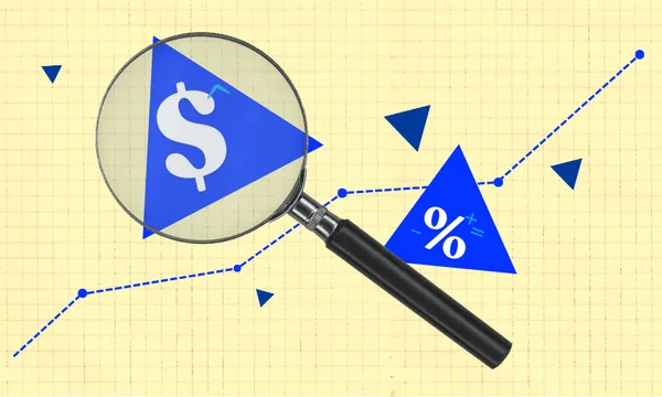 A magnifying glass hovers over a dollar sign inside a blue triangle, with a percentage symbol nearby and a rising dotted line graph in the background, symbolizing financial analysis.
