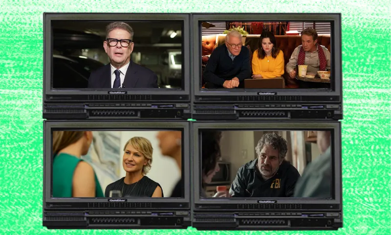 A green background with four television screens showing John Campbell, Mark Ruffalo, Robin Wright and the cast of Only Murders in the Building