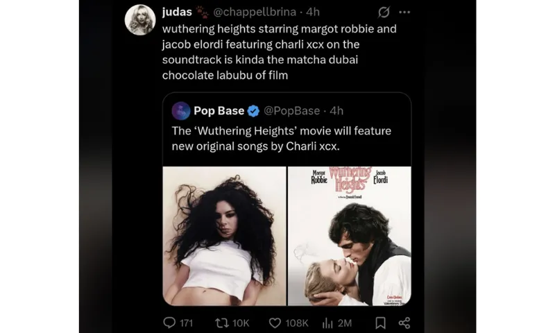 A screenshot of an X message that responds to the fact that Charli xcx has written new songs for the Wuthering Heights film adaptation to be released in 2026.