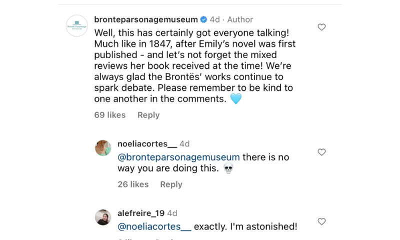 A screenshot of Instagram message by the Brontë Parsonage Museum who shared the Wuthering Heights film trailer and poster and received a lot of responses, mostly negative.