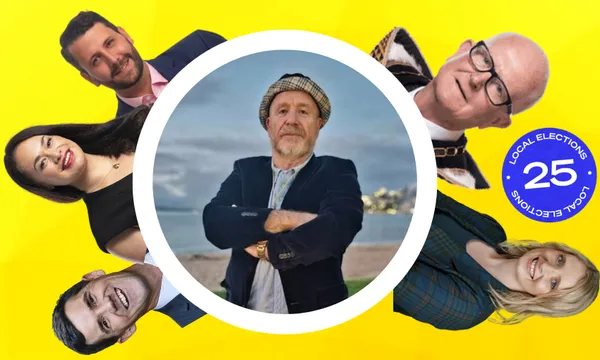 A central man in a hat poses with arms crossed, surrounded by five people at angles on a bright yellow background. A round "Local Elections 25" badge appears on the right side of the image.