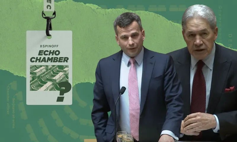 Two men in suits stand at podiums against a green background featuring an Echo Chamber name tag and map elements. One man wears a pink tie, the other has gray hair and is speaking.