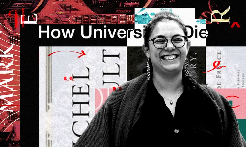 A black and white image of a smiling woman wearing a shirt. There is a collage of book covers behind her.
