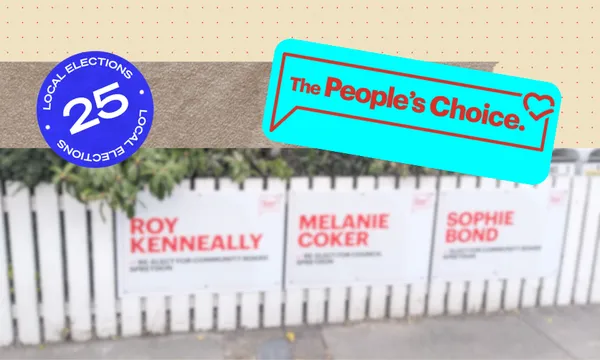 a dotted beige background, a photo of some People's Choice hoardings with a blue and red version of their logo on the front