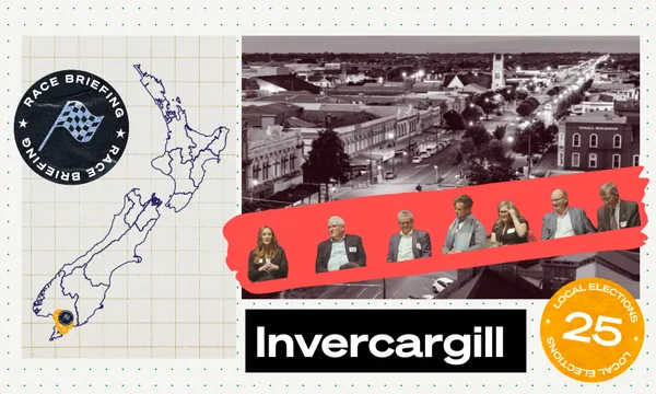 A collage featuring a map of New Zealand with Invercargill highlighted, a cityscape photo, six people’s portraits, and graphics reading “Race Briefing,” “Invercargill,” and “Local Elections 25.”.