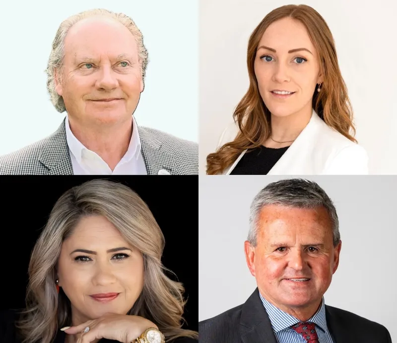 A collage of four professional headshots: two men in suits and two women in business attire, all facing the camera and smiling against plain or neutral backgrounds.