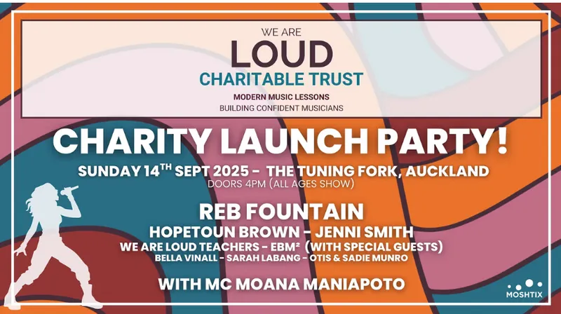A promotional poster for a charity concert: with pink, orange and green-blue swirls and a silhouette of a woman singing into a microphone.