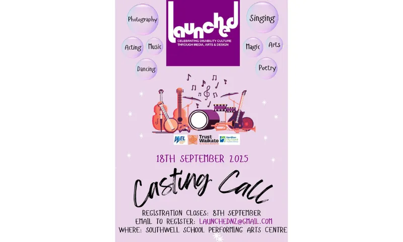 A promotional poster for the Launched festival celebrating disability culture. Features graphics of instruments, and a casting call.