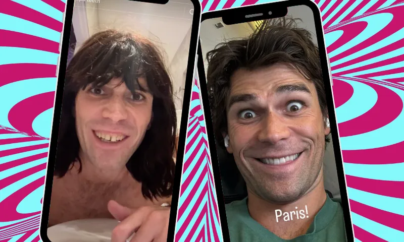 Two phone screens side by side, one showing KJ Apa in a wig as Mr Fantasy and the other showing KJ Apa flying to Paris