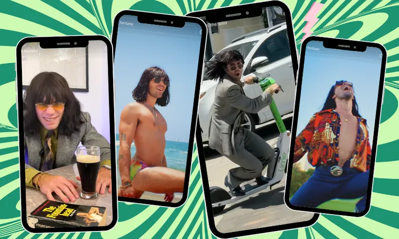 Four phone screens showing various Mr Fantasy videos – riding a lime, shirtless on the beach, drinking a Guiness