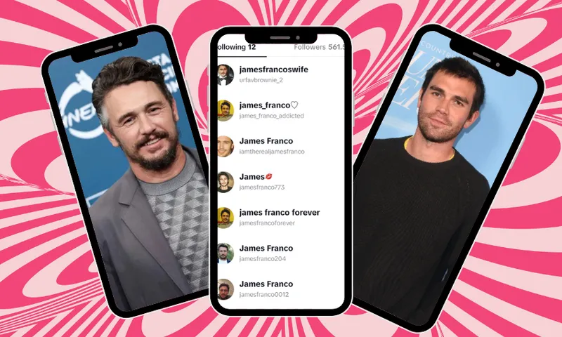 Three phone screens, one showing James Franco, one showing Mr Fantasy's followers (all James Franco) and one showing KJ Apa