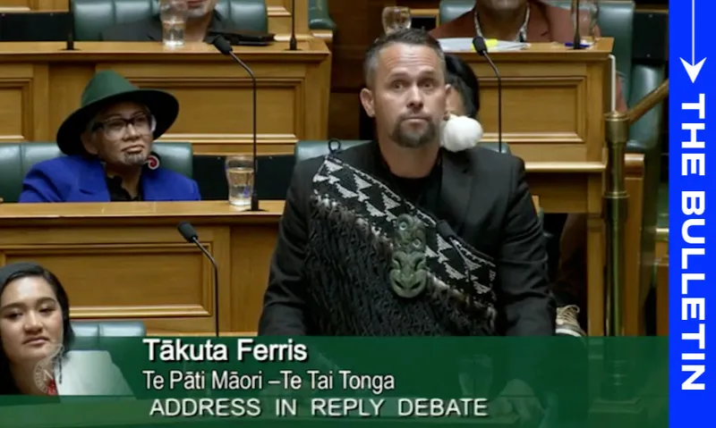 Tākuta Ferris of Te Pāti Māori speaks in parliament, wearing traditional Māori attire and a greenstone pendant. The text on screen reads: "ADDRESS IN REPLY DEBATE." Other people are seated behind him.