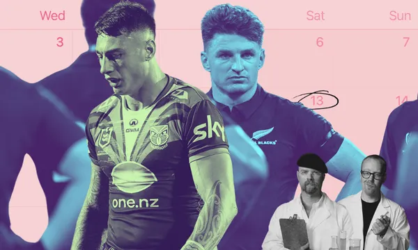 Rugby players look serious in front of a pink calendar with Saturday the 13th circled; two men in lab coats, resembling TV science hosts, appear in the lower right corner, holding a clipboard and beaker.